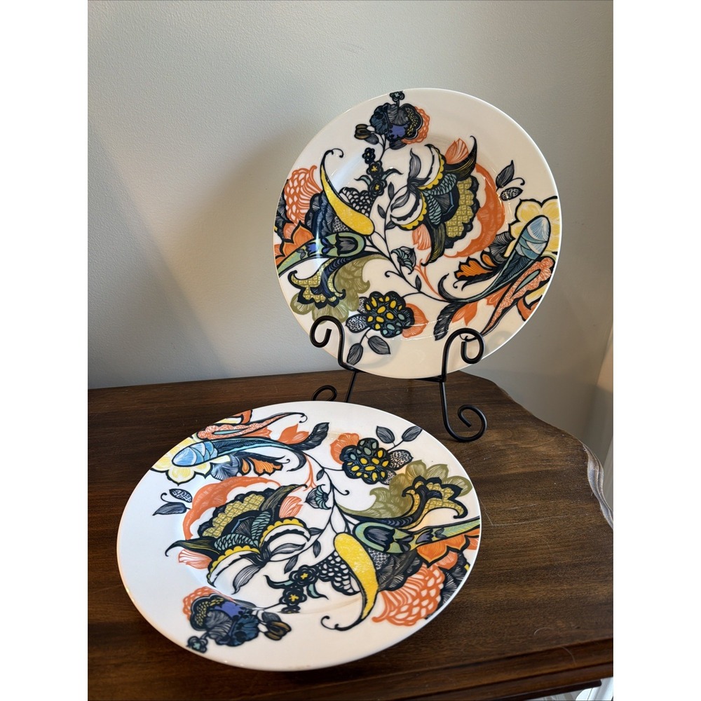 Set 2 Anthropologie Dinner Plate Multicolor Paisley Floral 10 1/2" Blue Orange
